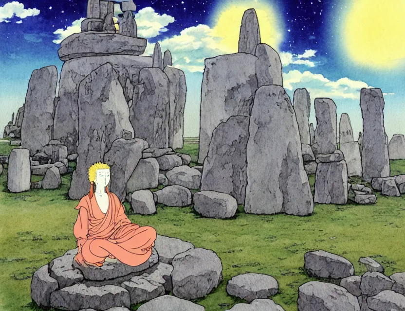 Prompt: a hyperrealist studio ghibli watercolor fantasy concept art of a giant long haired grey buddha in lotus position sitting on top of the stones of stonehenge with a starry sky in the background. a ufo is in the sky. by rebecca guay, michael kaluta, charles vess