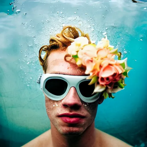 Prompt: close up kodak portra 4 0 0 face portrait photograph of a skinny guy with blonde hair submerged in a tub of milk, aerial view, wearing cyber goggles, flower crown, moody lighting, telephoto, 9 0 s vibe, blurry background, vaporwave colors, dream aesthetic, dreamy aesthetic, faded!,