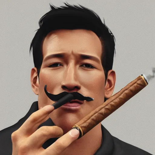 Image similar to a closeup photo of handsome gigachad markiplier smoking a cigar, 8k photorealism, extremly detailed, trending on artstation