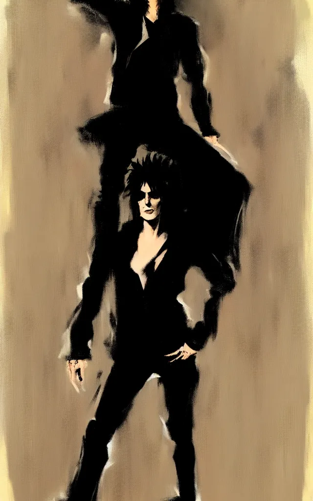 Image similar to full body portrait of an androgynous glam rocker in the style of phil hale, sfumato