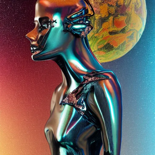 Image similar to the mummy dressed as an astronaut, style hybrid mix of Emma Lindstrom+Romi Lerda+ Sandra Pelser,Yves Tanguy+ Alphonse Mucha+ Ernst Haeckel+ Edward Robert Hughes+Stanisław Szukalski , rich moody colors,diamond dust glitter and sparkles, holographic krypton ion,red neon eyes,octane render,4k, ighly detailed, hyperrealism, excellent composition, cinematic concept art, dramatic lighting, trending on ArtStation