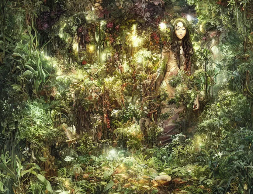 Image similar to the clockwork princess overgrown by plants. this oil painting by the award - winning mangaka has interesting color contrasts, plenty of details and impeccable lighting.