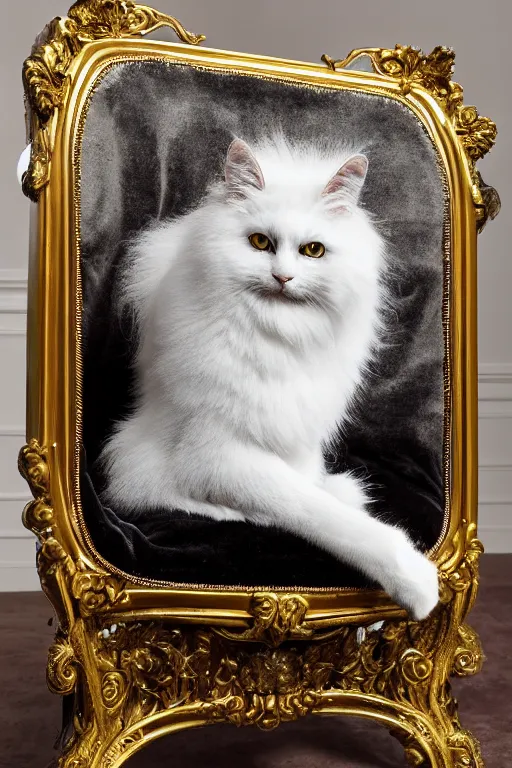 Image similar to a silver gelatin photo portrait of a royal cat, editorial photo from cat lovers magazine, outrageously fluffy, on an embroidered velvet cushion on a neo - rococo gilded little bed, photography, wide shot