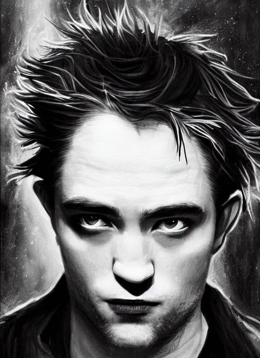 Image similar to scary shot of the sandman with pale skin and black messy hair, robert pattinson, looking back at camera in godlike and villainous way, while eyes shine like white stars above, haunting face, female face, oil painting