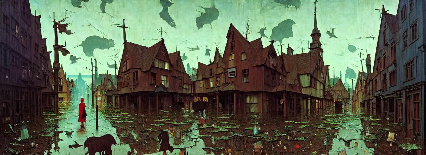 Prompt: flooded old wooden city street, very coherent and colorful high contrast masterpiece by norman rockwell franz sedlacek hieronymus bosch dean ellis simon stalenhag rene magritte gediminas pranckevicius, dark shadows, sunny day, hard lighting, reference sheet white background
