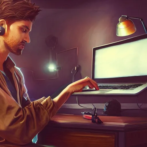 Image similar to realistic man using laptop in gaming room, artstation trends, concept art, highly detailed, intricate, sharp focus, digital art, 8 k