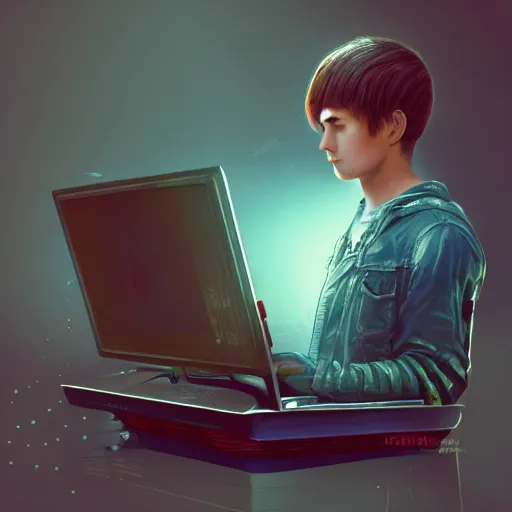 Image similar to realistic teenager using laptop in super tech room, artstation trends, concept art, highly detailed, intricate, sharp focus, digital art, 8 k