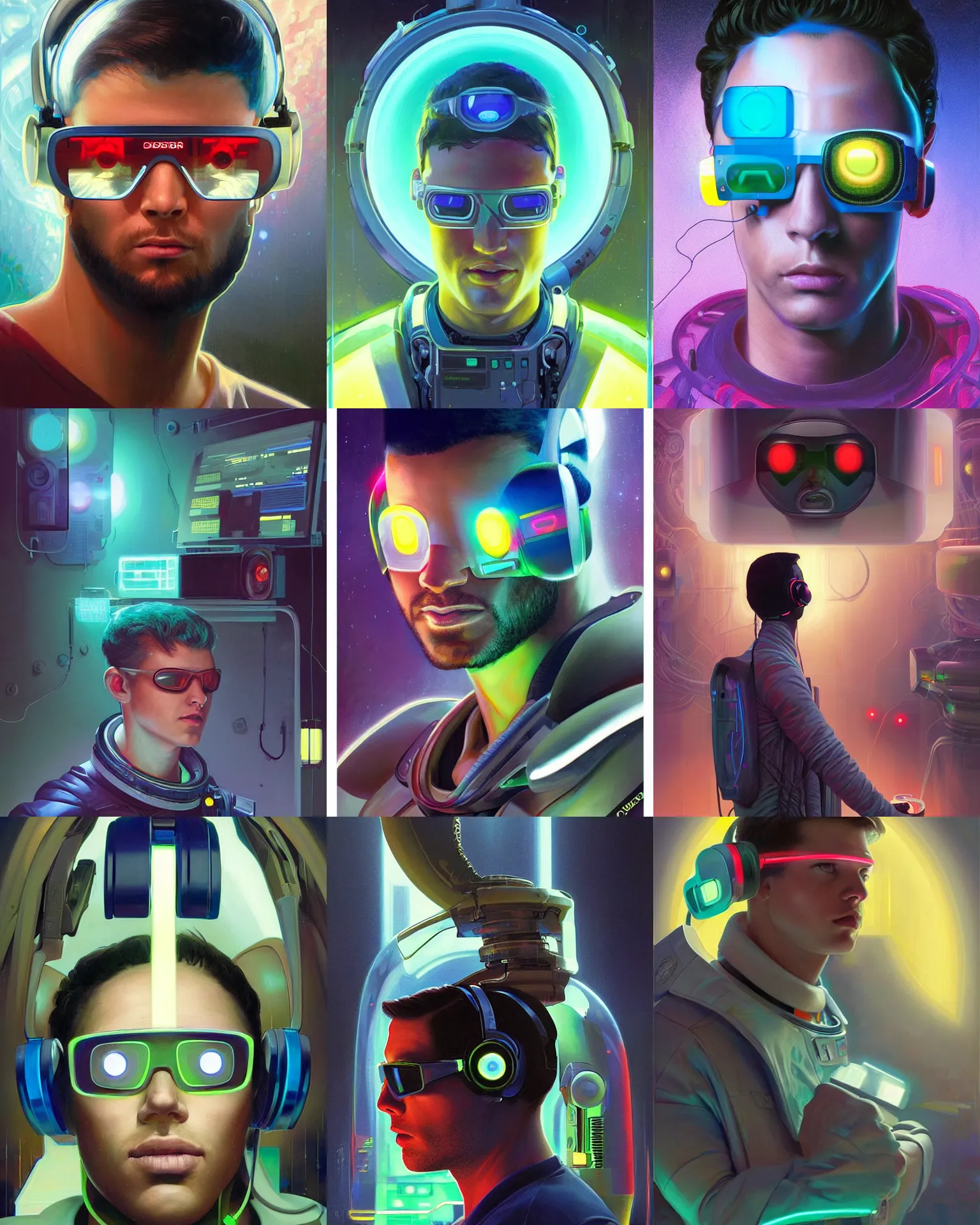 Prompt: future coder man looking on, sleek cyclops display over eyes and sleek bright headphoneset, neon accent lights, holographic colors, desaturated headshot portrait digital painting by donoto giancola, dean cornwall, rhads, john berkey, tom whalen, alex grey, alphonse mucha, astronaut cyberpunk electric