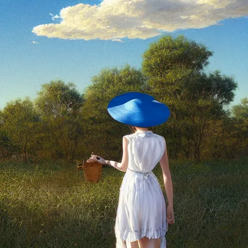 Image similar to girl in a white dress wearing sun straw hat looking at the bright blue sky with white sunny clouds digital art, highly detailed, intricate, by greg rutkowski, 8 k