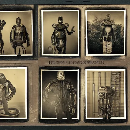 Image similar to tintype photographs of techno shamans, telepaths, dieselpunk cyborgs, masked heroes, irradiated humans, mystic mutates and monster hunters