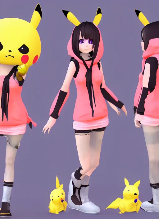 Prompt: vrchat, secondlife, imvu, 3 d model of a girl in a pikachu hoodie, cutely designed clothing, hq render, detailed textures, artstationhd, booth. pm, highly detailed attributes and atmosphere, dim volumetric cinematic lighting, hd, unity unreal engine