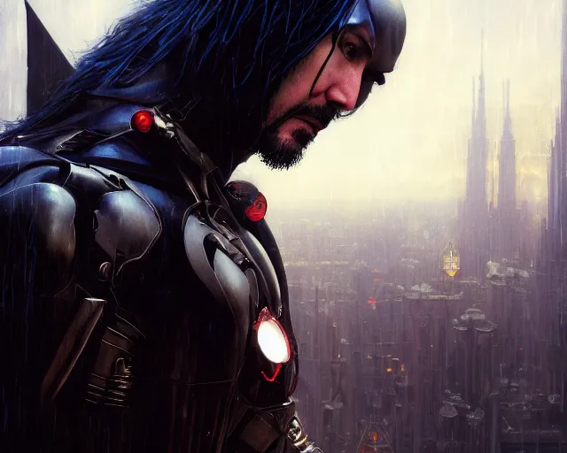 Image similar to highly detailed portrait of keanu reeves as azrael, in batman : arkham knight, stephen bliss, unreal engine, fantasy art by greg rutkowski, loish, rhads, ferdinand knab, makoto shinkai and lois van baarle, ilya kuvshinov, rossdraws, tom bagshaw, global illumination, radiant light, detailed and intricate environment