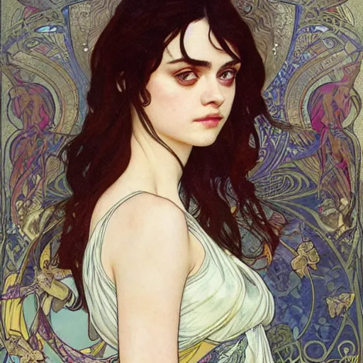 Image similar to a combination of Alexandra Daddario, Maisie Williams, Krysten Ritter, Anne Hathaway and Natalia Dwyer Christina Ricci and Lily Collins by Alphonse Mucha, Magali Villeneuve and Livia Prima