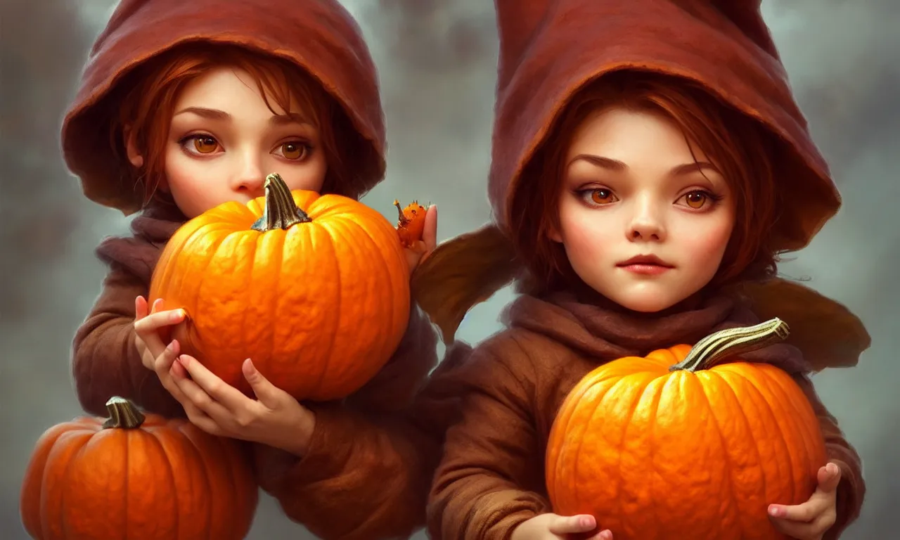 Image similar to hand drawn cute one gnomes face in autumn disguise holding pumpkin, detailed closeup face, concept art, low angle, high detail, warm lighting, volumetric, godrays, vivid, beautiful, trending on artstation, art by artgerm and greg rutkowski and alphonse mucha