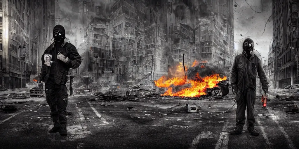 Image similar to post - apocalyptic city streets, close - up shot of an anarchist with a gasmask, burning cars, explosions, hyperrealistic, gritty, damaged, dark, urban photography, photorealistic, high details