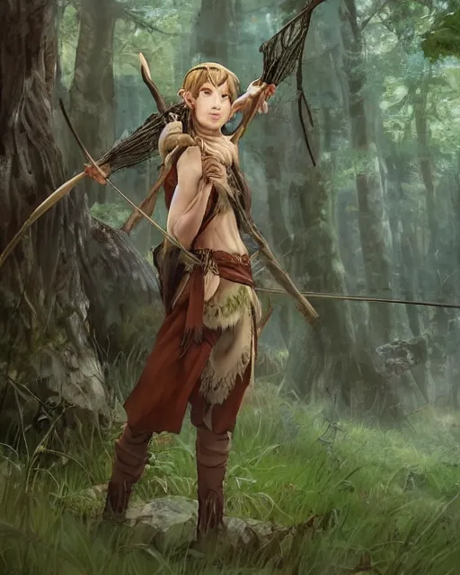 Prompt: an elven hunter standing in the woods holding a bow, wearing a tribe hunting outfit. green, luscious, overgrown forest. By Makoto Shinkai, Stanley Artgerm Lau, WLOP, Rossdraws, James Jean, Andrei Riabovitchev, Marc Simonetti, krenz cushart, Sakimichan, D&D trending on ArtStation, digital art.