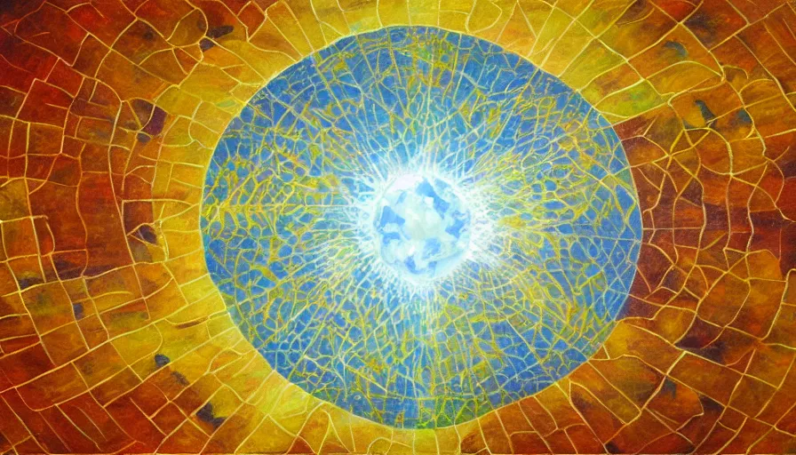 Image similar to hexagonal solar sail, floating in space blocking the sun, oil painting