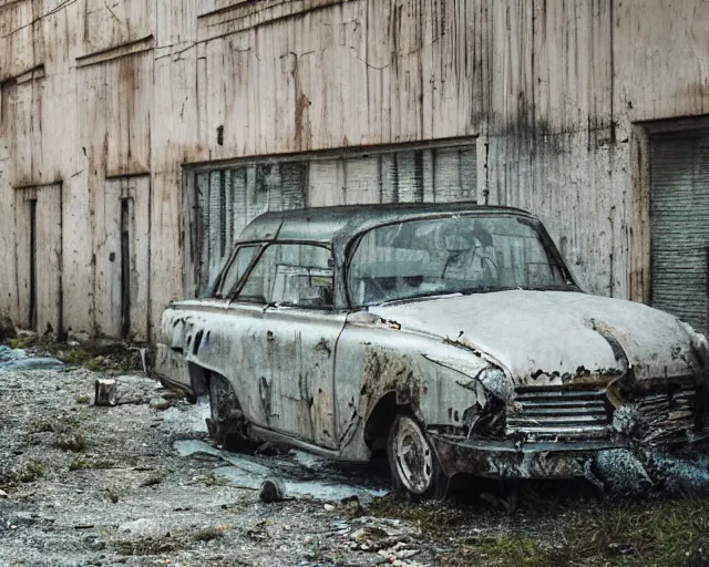 Image similar to beautiful minimalistic realistic photograph, abandoned cars park in a quiet alley by langdon clay, Peter Lippmann, VSCO film grain