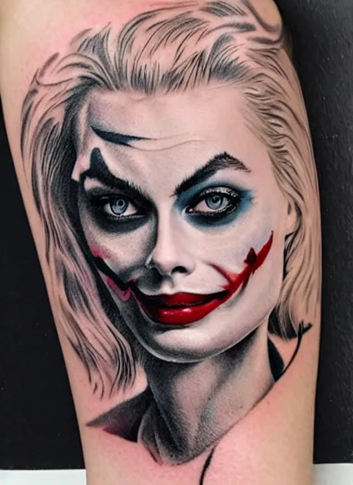 Prompt: tattoo design of margot robbie with joker makeup, ace card, in the style of da ink, realistic face, black and white, realism tattoo, hyper realistic, highly detailed