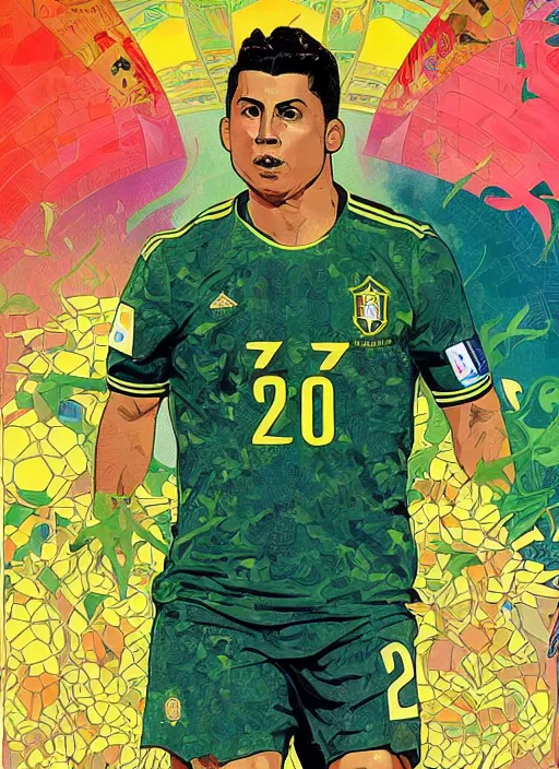 Prompt: fractal og ronaldo nazario r 9 short haircut wearing number nine 2 0 0 2 world cup brazil goal, surreal collage poster art jason shawn alphonse mucha james jean liam brazier victo ngai tristan eaton, yellow and green