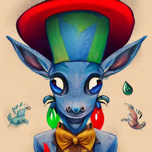 Prompt: a dik dik monster with tattoos wearing a fedora hat, colorful, digital art, fantasy, magic, trending on artstation, ultra detailed, professional illustration by basil gogos