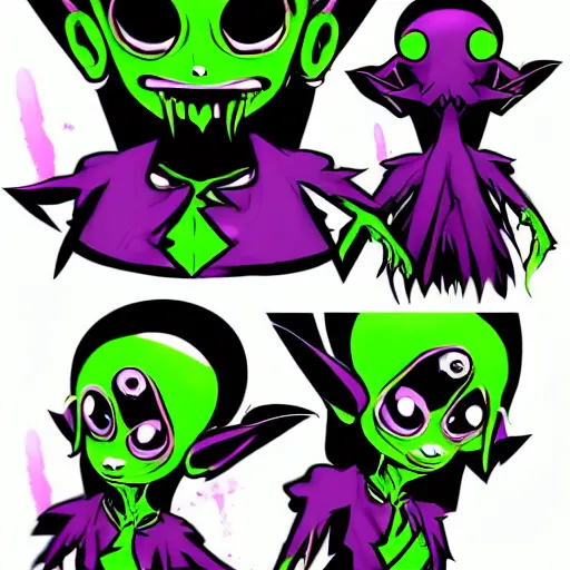 Prompt: character design sheets for a new sinister vampire squid character, artwork in the style of splatoon from nintendo, art by tim schafer from double fine studios, black light, neon, spray paint, punk outfit, tall thin frame, adult character, fully clothed, vampire, spray paint, colorful, jaw breaker color, neon pink, flecks of paint, pop art