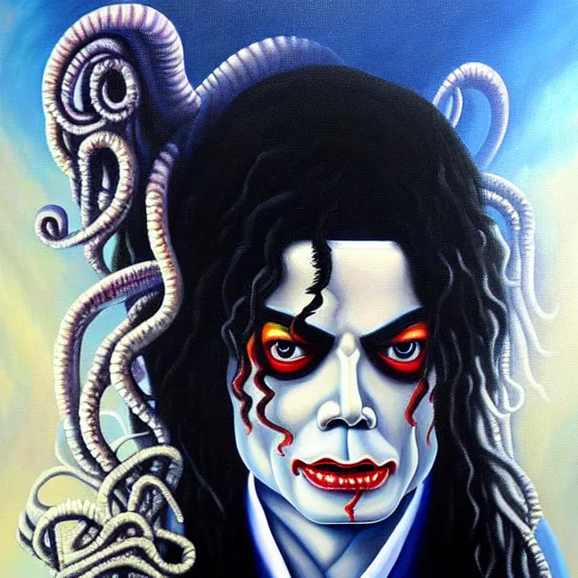 Prompt: a beautiful painting cthulhu mythos michael jackson face, by dana irving realistic oil painting