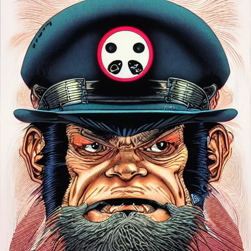 Image similar to portrait of crazy grumpy captain, symmetrical, by yoichi hatakenaka, masamune shirow, josan gonzales and dan mumford, ayami kojima, takato yamamoto, barclay shaw, karol bak, yukito kishiro