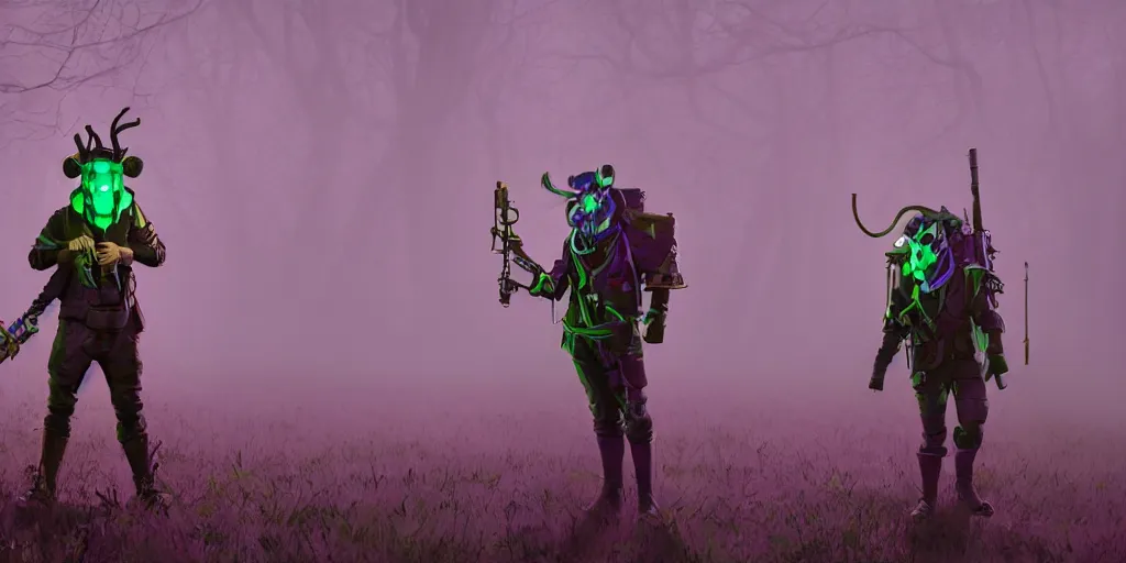 Image similar to a beautifully strange image of a gamekeeper wearing a dieselpunk mechanical fluorescent mystical animal mask. walking in the misty, dangerous river. in style of fornite game. award winning. dramatic. trending on artstation. high quality. rendered by beeple, by makoto shinkai, syd meade, digital art, unreal engine 5, fornite game. octane render