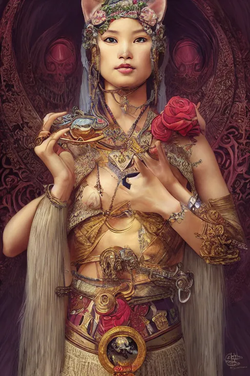 Image similar to portrait of Hello Kitty in ancient Java as \'Death\' tarot card design, D&D, MtG art,fantasy, intricate, elegant, highly detailed, digital painting, artstation, concept art, smooth, sharp focus, hyperrealistic,illustration, art by artgerm and greg rutkowski and alphonse mucha