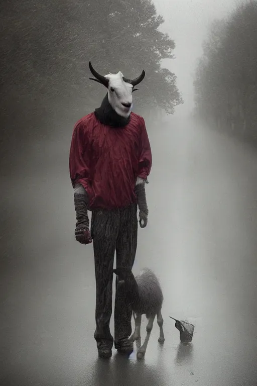 Image similar to the most evil looking goat ever seen and a clown in the street, rainy day, foggy, by gregory crewdson