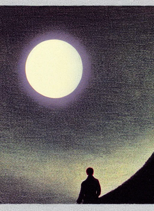 Image similar to a human silhouette observing an eclipse in the distance, painted by caspar david friedrich with chromatic chromatic aberration and datamoshing artifacts