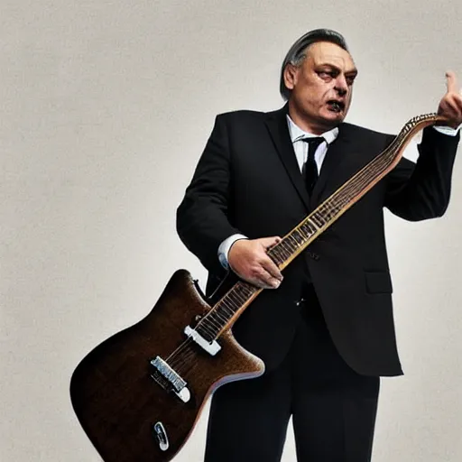 Prompt: heavy metal viktor orban with a flying v guitar