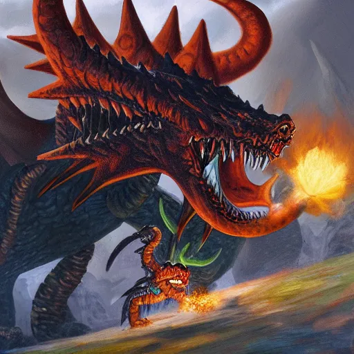 Image similar to dnd dracolich fighting a tarrasque, oil painting