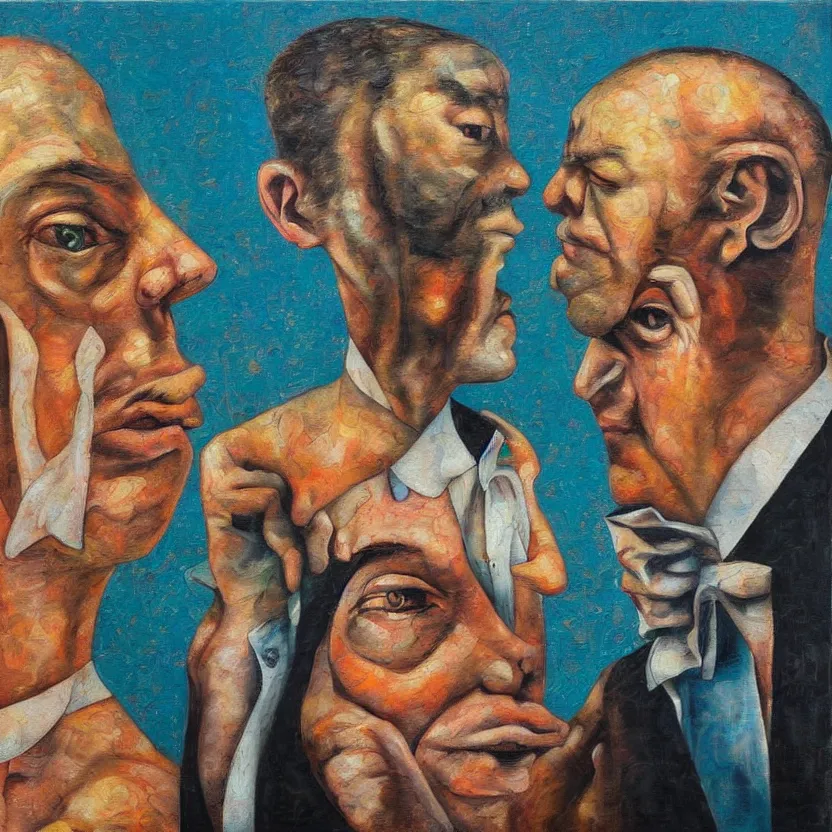 Image similar to highly strange recursive painting of wondering faces looking at each other detailed and highly reliefed oil painting with canvas texture in style of Magritte, Sascha Schneider, Giorgio de Chirico, Pollock photorealistic, surrealistic, masterpiece, balanced composition, natural colors