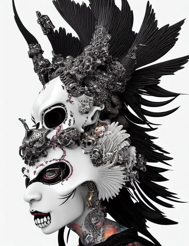 Image similar to 3 d goddess close - up profile simple portrait punk skull with mohawk with ram skull. beautiful intricately detailed japanese crow kitsune mask and clasical japanese kimono. betta fish, jellyfish phoenix, bio luminescent, plasma, ice, water, wind, creature, artwork by tooth wu and wlop and beeple and greg rutkowski