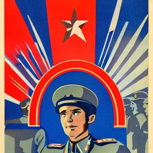 Image similar to soviet propaganda poster depicting a emue in military uniform