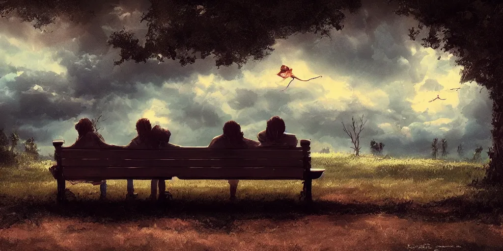 Image similar to a family with sorrow faces sitting on a bench, dramatic sky, close up shot, anime art, Greg Rutkowski, dramatic lighting