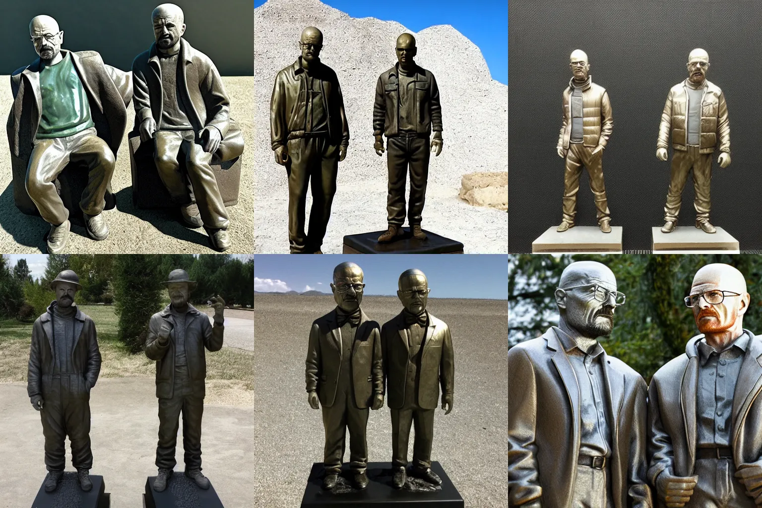 Prompt: walter white and jesse pinkman as bronze statues