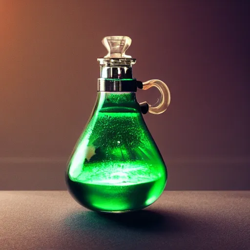 Image similar to a studio photo of a green stamina potion in a beautiful looking flask, dramatic lighting