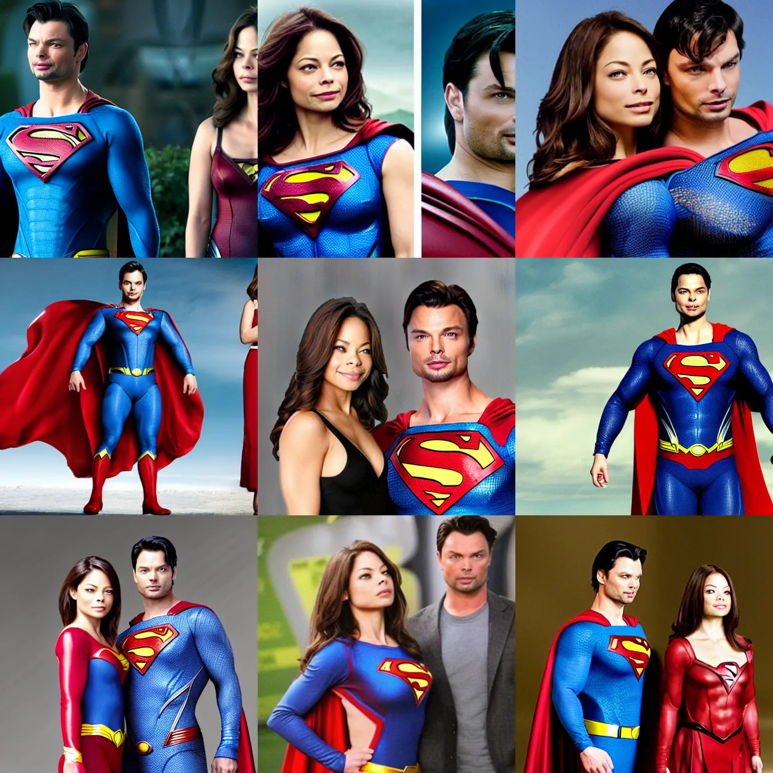 Prompt: Kristin Kreuk as Superman, next to Tom Welling as Lana Lang
