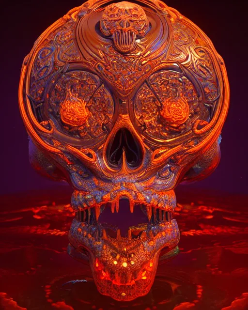 Image similar to 3 d ornate carved water heart, sigma 5 0 0 mm f / 5. beautiful intricate highly detailed quetzalcoatl skull. bioluminescent, plasma, lava, ice, water, wind, creature, thunderstorm! artwork by tooth wu and wlop and beeple and greg rutkowski, 8 k trending on artstation