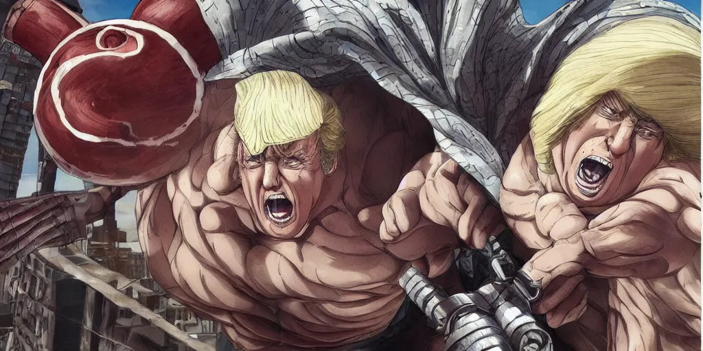 prompthunt: “ donald trump as an ugly titan, attack on titan