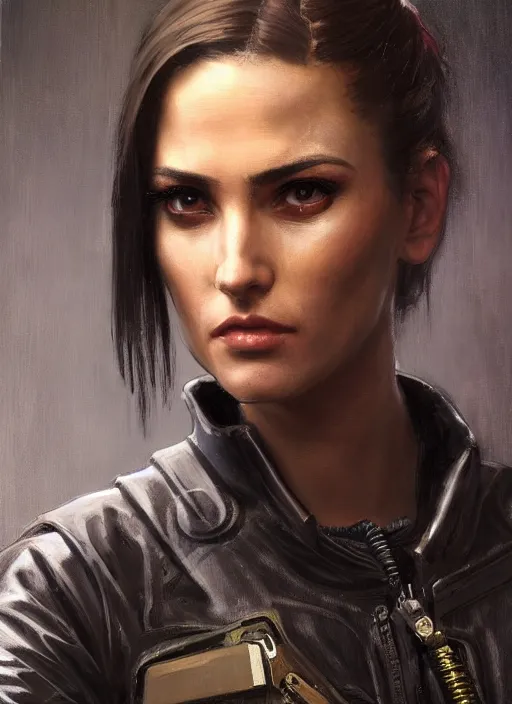 Image similar to Nikki. dangerous beautiful cyberpunk female USN marine wearing a military vest and military jumpsuit (cyberpunk 2077, bladerunner 2049). gorgeous face. Iranian orientalist portrait by john william waterhouse and Edwin Longsden Long and Theodore Ralli and Nasreddine Dinet, oil on canvas. Cinematic, hyper realism, realistic proportions, dramatic lighting, high detail 4k