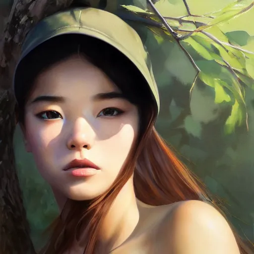 Image similar to oil painting by ilya kuvshinov,, baugh casey, artgerm craig mullins, coby whitmore, of a youthful japanese girl, long hair, fisherman's hat, highly detailed, breathtaking face, studio photography, noon, intense bounced light, water reflection, large tree casting shadow, serine intense sunlight