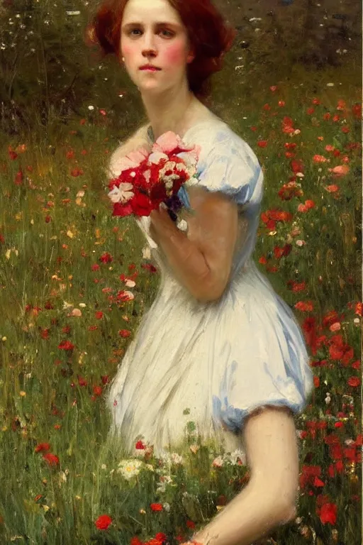 Image similar to Solomon Joseph Solomon and Richard Schmid and Jeremy Lipking victorian genre painting portrait painting of an elegant slim young cottagecore girl in an open field of flowers, red background