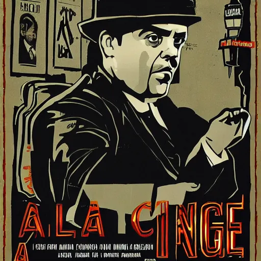 Image similar to a movie poster for a movie about al capone who is played by peter dinklage, based in chicago, gangster, painting, prohibition era, yugioh, photograph, pencil, sketch, text, signature, watermark