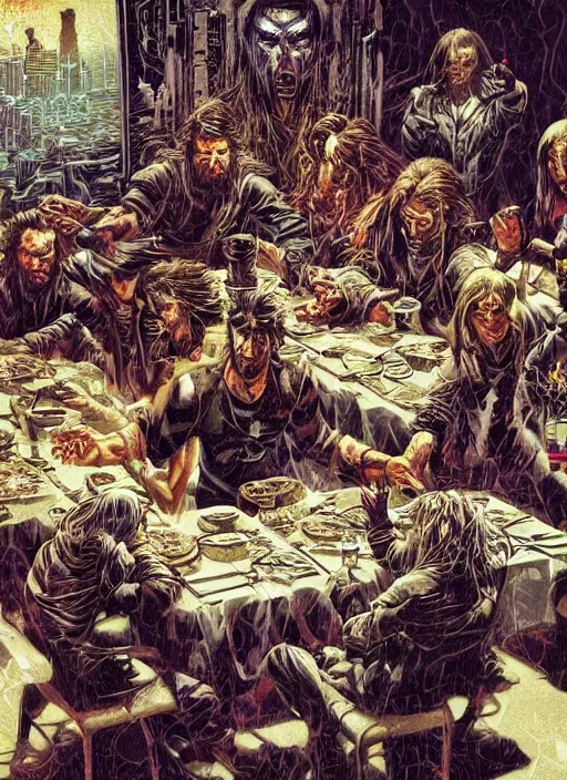 Prompt: the last supper beautiful painting by mike deodato and tim doyle and jeff easley, highly detailed, illustration, epic, cyberpunk, intricate, hyper detailed, artstation, concept art, smooth, sharp focus, ray tracing