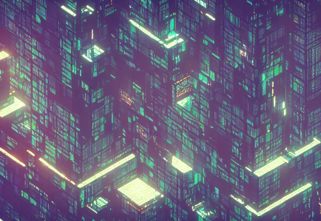 Image similar to a single giant cyberpunk building, magicavoxel cinematic lighting, 4k