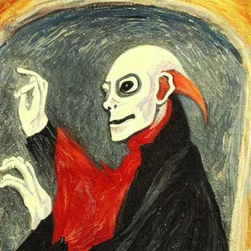 Image similar to Nosferatu in an igloo painting an impressionist self-portrait